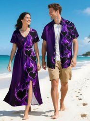 Ensemble de plage hawaïen assorti grande taille à imprimé cœur et flamme pour couples - Concorde 