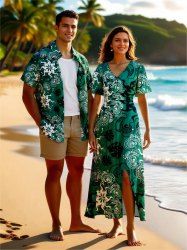 Tropical Leaf Floral Pattern Print Plus Size Matching Hawaii Beach Outfit For Couples -  
