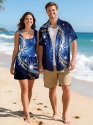 Matching Hawaii Shirt and Romper Plus Size Beach Outfit Star Light Beam Ombre Galaxy Print For Couples -  