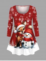 Plus Size Christmas Tree Snowflake Elk Snowman Print Long Sleeves Women T-shirt -  