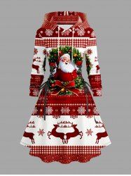 Plus Size Christmas Tree Santa Claus Bowknot Snowflake Elk Print Lace Up Drawstring Hoodie Dress -  