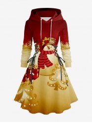 Plus Size Christmas Tree Snowman Gift Box Print Lace Up Drawstring Hoodie Dress -  