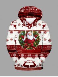 Plus Size Christmas Tree Santa Claus Bowknot Snowflake Elk Print Pocket Drawstring Hoodie For Men -  
