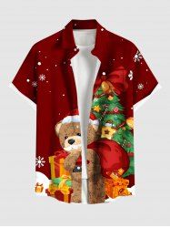 Plus Size Christmas Tree Snowflake Bear Gift Print Button Pocket Shirt For Men -  