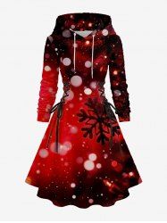 Robe trapèze à capuche et lacets imprimé flocons de neige ombrés grande taille - Rouge 6X