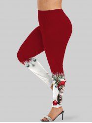 Leggings grande taille imprimés chapeau de Noël, chat et houx - Rouge 5X