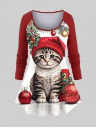 Plus Size Christmas Hat Ball Cat Holly Print Long Sleeves Women T-shirt -  