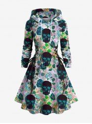 Robe à capuche grande taille à imprimé têtes de mort, roses, feuilles et lacets - Noir L