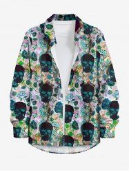 Chemise à poches boutonnées grande taille pour homme, motif têtes de mort, roses et feuilles - Noir M