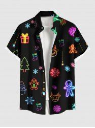 Plus Size Glitter Christmas Tree Elk Snowflake Gingerbread Print Button Pocket Shirt For Men -  