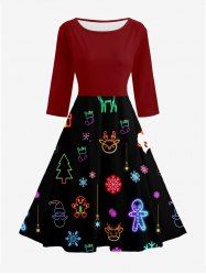 Robe midi vintage années 50 à imprimé sapin de Noël pailleté, élan, flocons de neige et pain d'épice - Noir 4XL