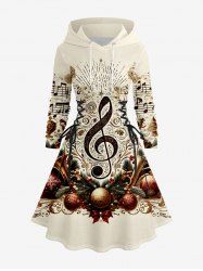 Plus Size Christmas Ball Music Symbol Print Lace Up A Line Hooded Dress -  