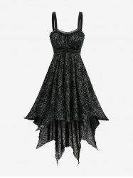 Robe débardeur asymétrique à flocage fleur de rose, fronces et bordure en dentelle - Noir M