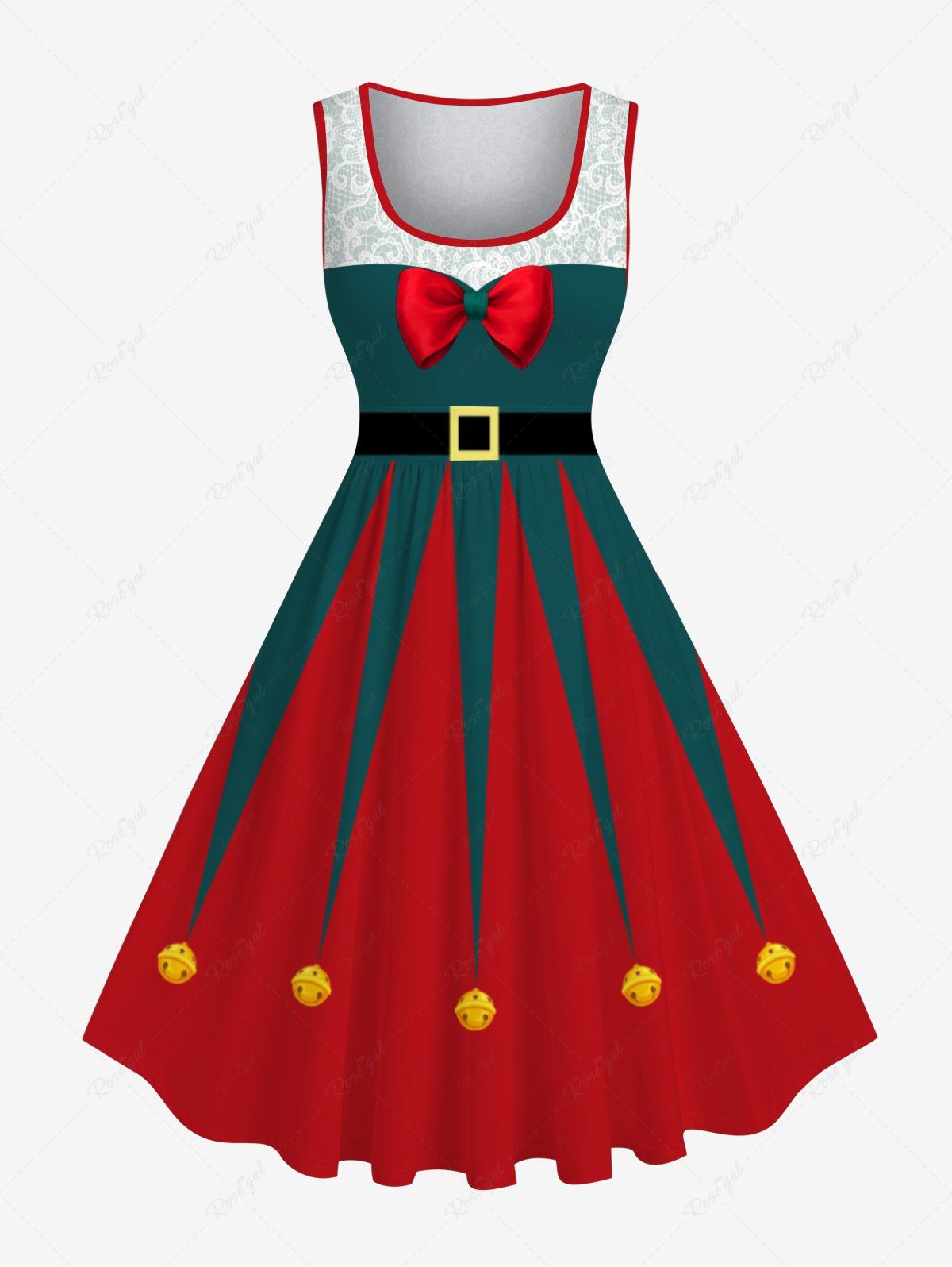 Robe vintage grande taille à imprimé clochettes et nœud papillon, style années 50 Rouge 6X