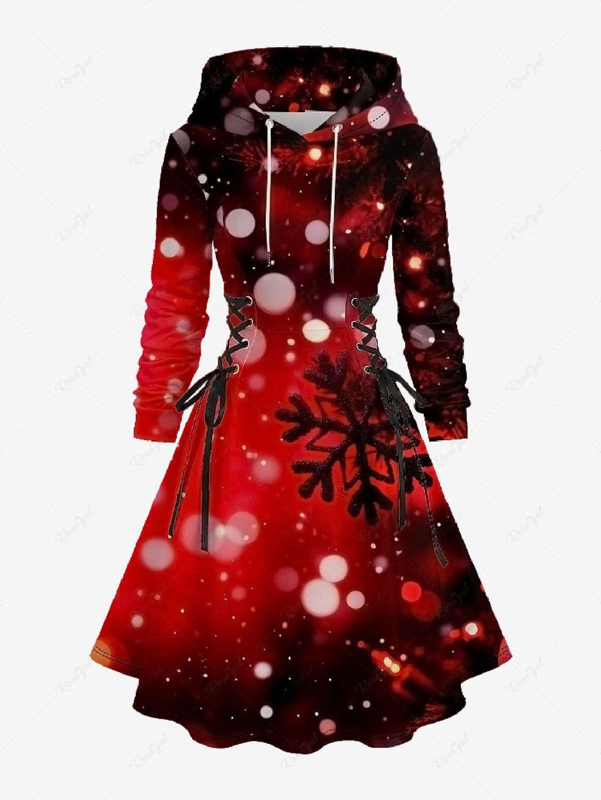 Robe trapèze à capuche et lacets imprimé flocons de neige ombrés grande taille Rouge 6X