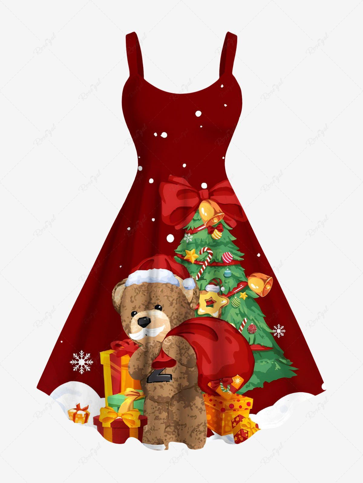Plus Size Christmas Tree Snowflake Bear Gift Print A Line Dress Rouge 6X