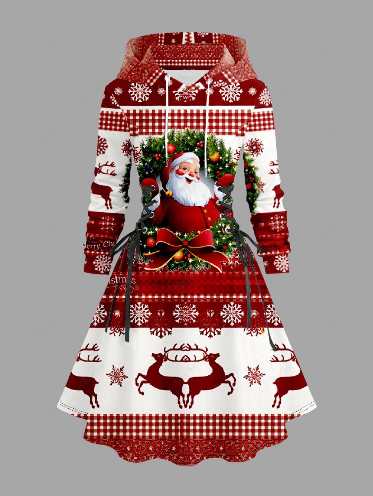 Robe à capuche grande taille avec imprimé sapin de Noël, Père Noël, nœud papillon, flocons de neige et élans, lacets et cordon de serrage Rouge 6X