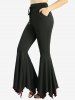 Ruched Ribbed Patchwork Long Sleeve Top and Lace Up Contrast Piping Solid Flare Pants Plus Size Outfit -  