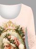 T-shirt à manches longues grande taille avec imprimé Père Noël, houx, nœud papillon et miroir magique - Rose clair L