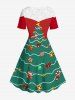 Robe vintage grande taille imprimée sapin de Noël, chaussette, clochette, boule de bonbons et nœud papillon - Vert profond 4X