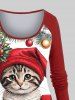 Plus Size Christmas Hat Ball Cat Holly Print Long Sleeves Women T-shirt -  
