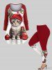 Plus Size Christmas Hat Ball Cat Holly Print Long Sleeves Women T-shirt -  