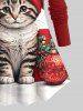 Plus Size Christmas Hat Ball Cat Holly Print Long Sleeves Women T-shirt -  
