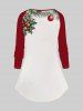 Plus Size Christmas Hat Ball Cat Holly Print Long Sleeves Women T-shirt -  