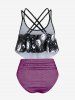 Maillot de bain tankini grande taille rembourré à rayures imprimées soleil, lune et galaxie - Rose Vif 1X