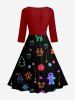 Robe midi vintage années 50 à imprimé sapin de Noël pailleté, élan, flocons de neige et pain d'épice - Noir 4XL