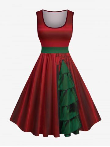 Plus Size Christmas Tree Bowknot Two Tone Print Vintage Swing A Line Dress - RED - 6X