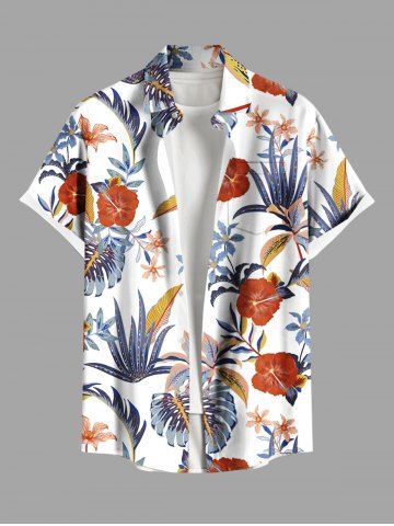 Plus Size Hibiscus Flowers Tropical Leaf Print Buttons Pocket Hawaii Shirt For Men - WHITE - 5XL