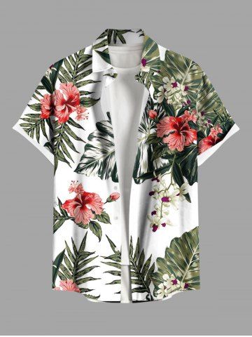 Plus Size Hibiscus Flower Tropical Leaf Print Buttons Pocket Hawaii Shirt For Men - GREEN - 5XL
