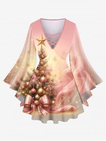 Plus Size Christmas Tree Ball Star Bowknot Print Lattice Crisscross Flare Sleeves T-shirt - LIGHT PINK - XS
