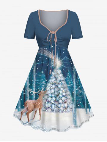 Robe cintrée grande taille à imprimé 3D sapin de Noël, élan et flocons de neige pailletés - BLUE - XS