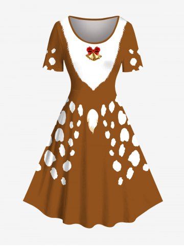 Plus Size Christmas Santa Claus Beard Bell Bowknot Print Vintage Dress - LIGHT BROWN - S