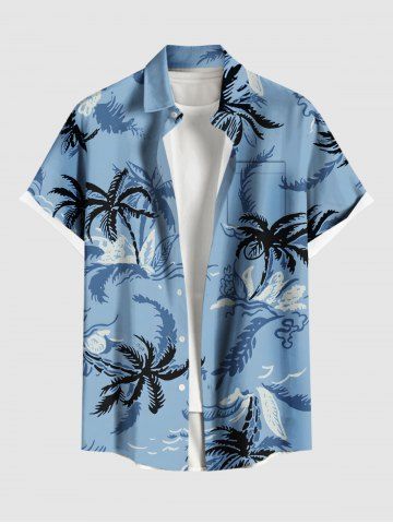 Plus Size Coconut Tree Sea Waves Print Hawaii Button Pocket Shirt For Men - SKY BLUE - 5XL