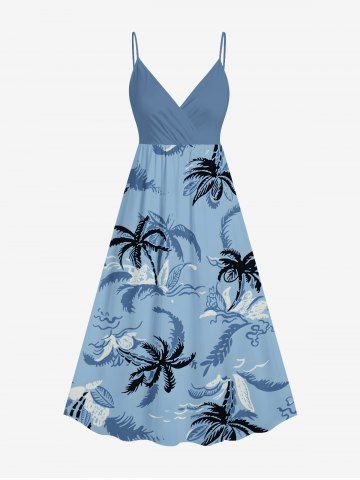 Plus Size Coconut Tree Sea Waves Print Hawaii Surplice A Line Cami Dress - SKY BLUE - M