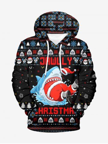 Plus Size Christmas Tree Snowflake Santa Claus Shark Print Pullover Long Sleeves Hoodie For Men - BLACK - 8XL