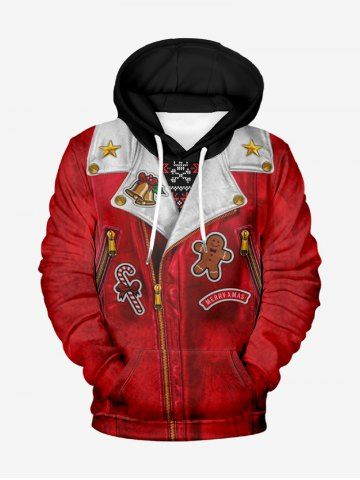 Plus Size Christmas Gingerbread Candy Jacket Pattern Print Pullover Long Sleeves Hoodie For Men - RED - 7XL