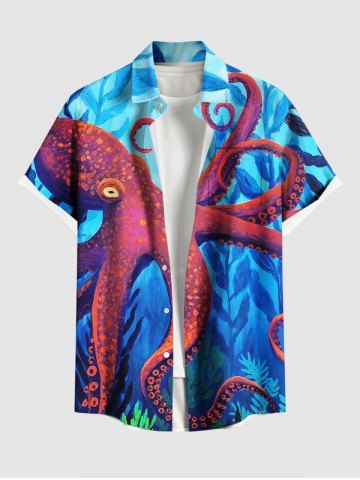 Plus Size Octopus Plant Ombre Seabed Print Hawaii Button Pocket Shirt For Men - SKY BLUE - 5XL