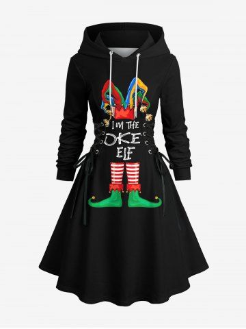 Plus Size Christmas Clown Elf Print Lace Up A Line Hooded Dress - BLACK - 1X