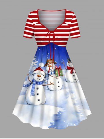 Plus Size Christmas Tree Snowman Snowflake Stripes Print Cinched Dress - SKY BLUE - 1X
