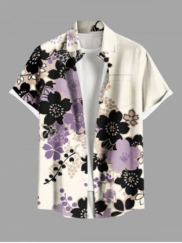 Plus Size Flowers Leaf Print Buttons Pocket Hawaii Shirt For Men - APRICOT - 4XL