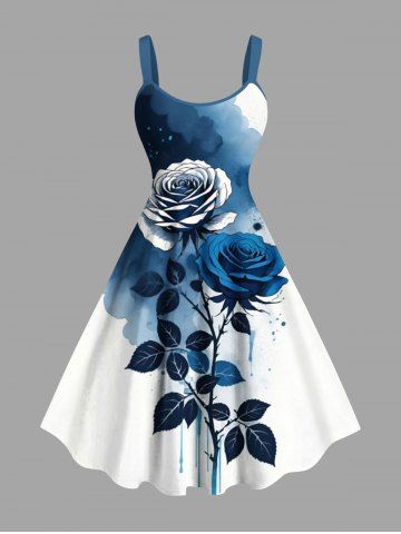 Plus Size Rose Flower Leaf Watercolor Print Tank Dress - BLUE - 5X