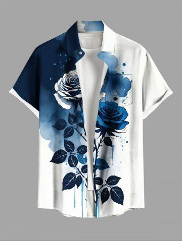 Plus Size Rose Flower Leaf Watercolor Print Buttons Pocket Shirt For Men - BLUE - 4XL