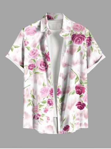 Chemise hawaïenne grande taille pour homme, à imprimé rose et feuilles, boutons et poche. - BLUE - S
