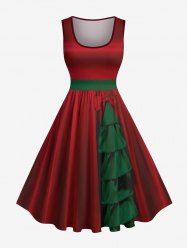 Plus Size Christmas Tree Bowknot Two Tone Print Vintage Swing A Line Dress -  