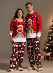 Ensemble de pyjamas de Noël assortis pour couples, motif élans et flocons de neige - Rouge 