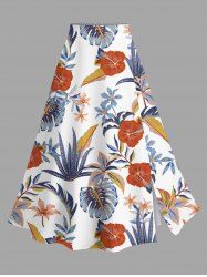 Jupe fendue hawaïenne à imprimé feuilles tropicales et fleurs d'hibiscus grande taille - Blanc 5X
